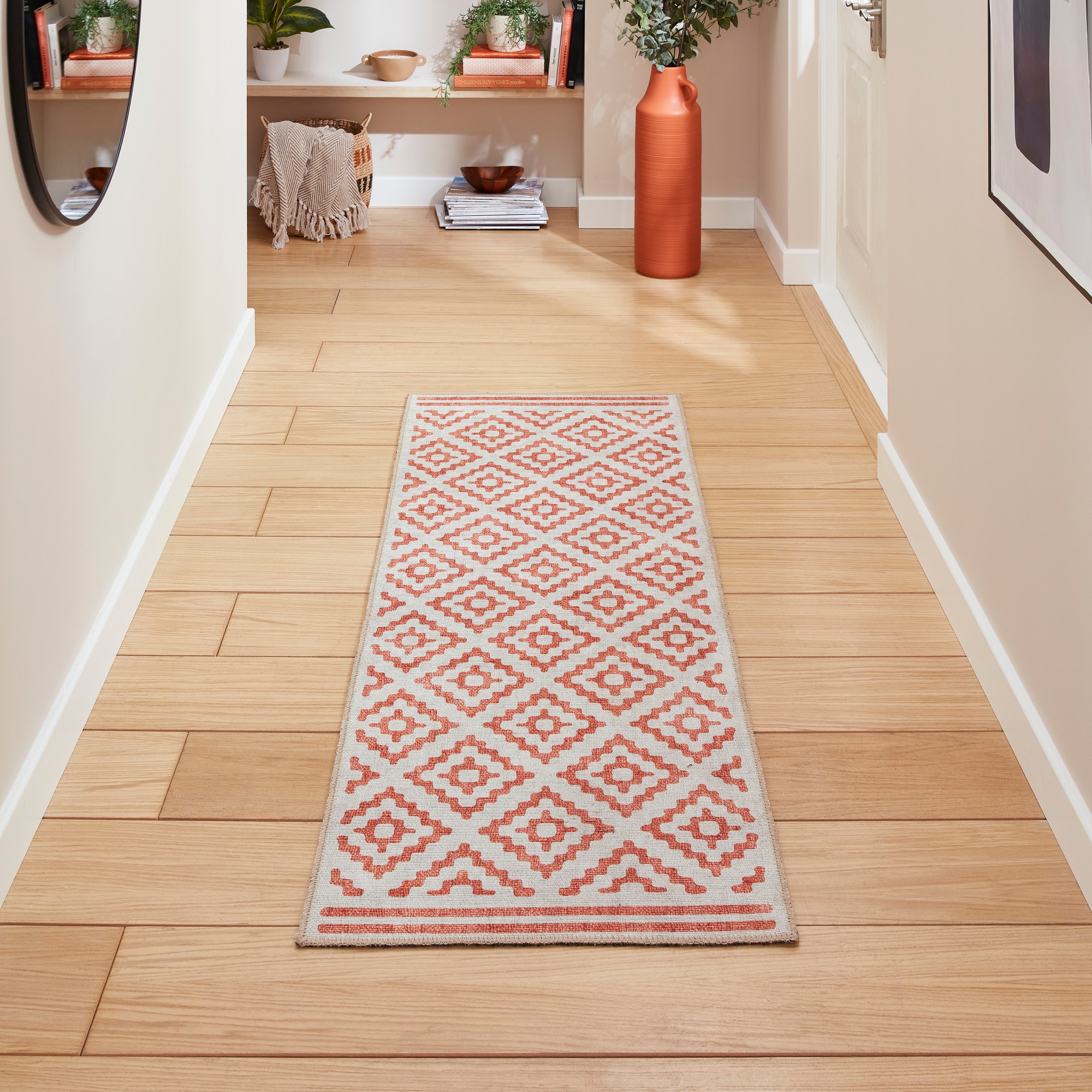 Coral H1058 Modern Washable Geometric Runner Rugs In Orange